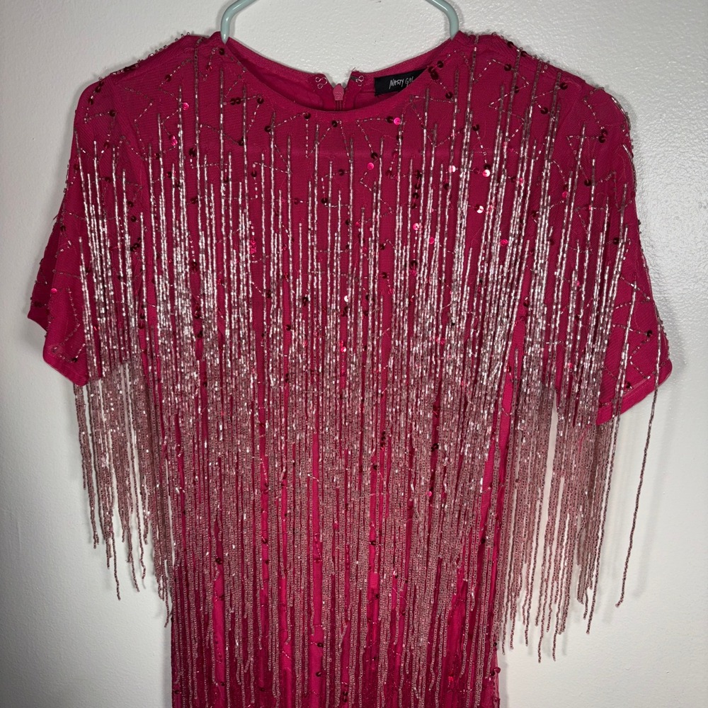 Nasty Gal Beaded Fringe Mini Dress Womens Sz 0 Pink Sequin Party Cocktail - Picture 4 of 12